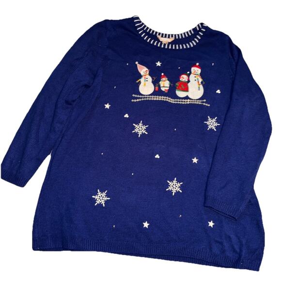 VTG Christmas Snowman White Stag Sweater Womens 3XL 22W Blue Snowflake Holiday - Picture 1 of 7